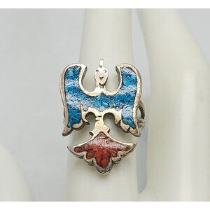 Vintage Navajo Sterling Silver Thunderbird Ring Size 7.5 Inlay Turquoise Coral